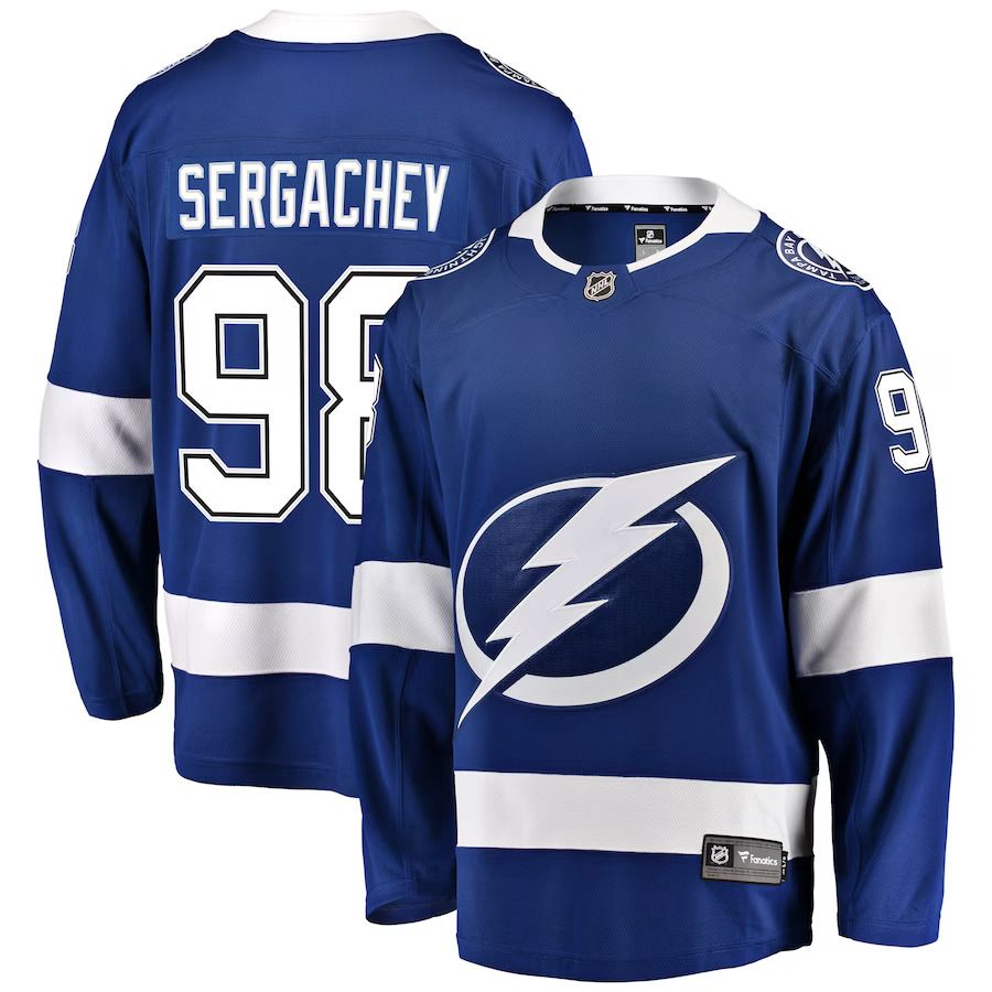 Men Tampa Bay Lightning #98 Mikhail Sergachev Fanatics Branded Blue Home Breakaway Player NHL Jersey